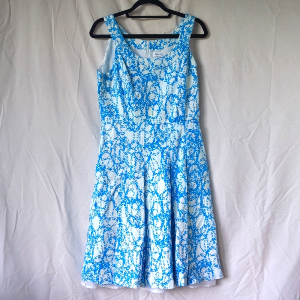 Calvin Klein Blue and White Sleeveless Midi Dress